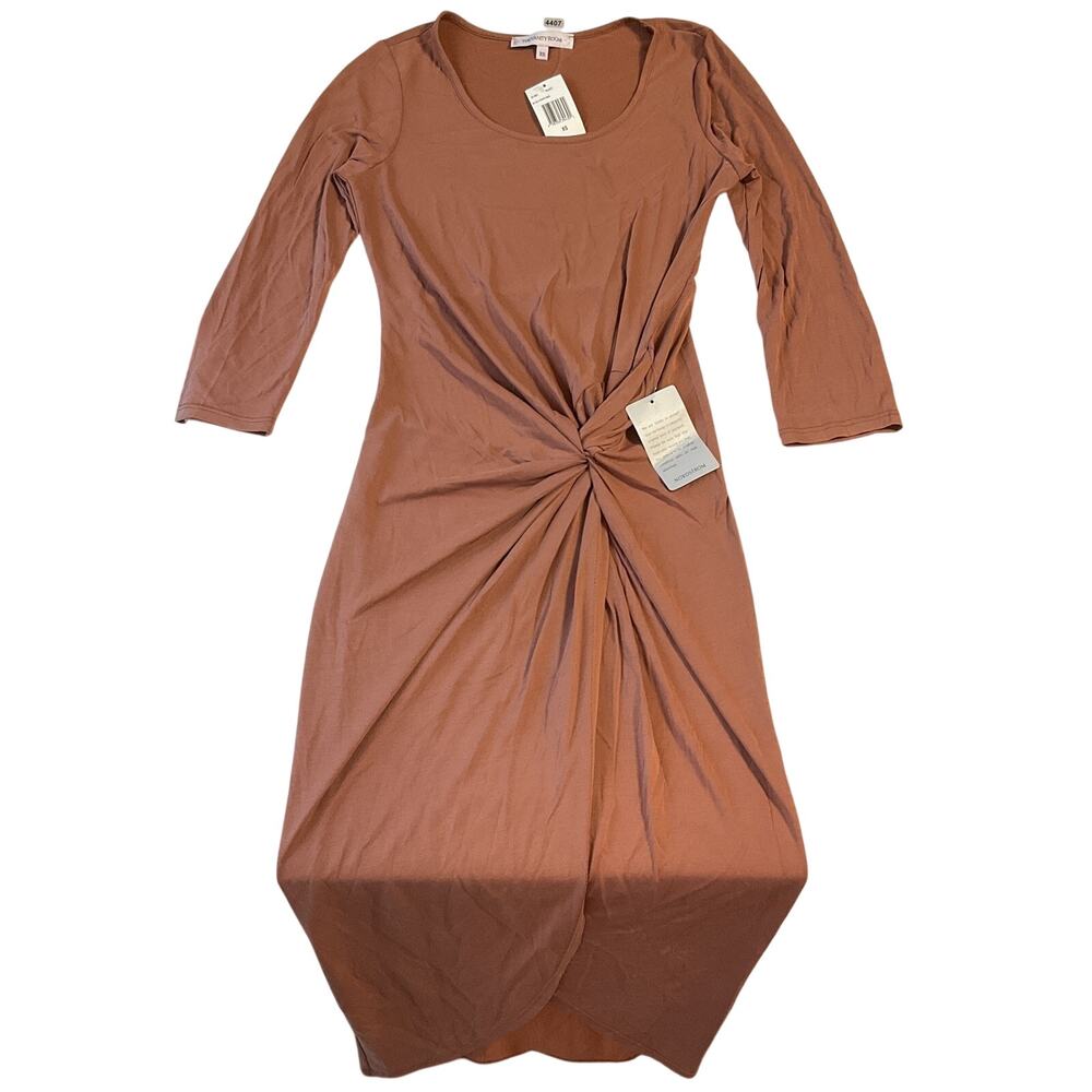 The Vanity Room Women Maxi Dress XS Rust Bodycon Knot 3/4 Sleeve Stretch PullOve - Picture 1 of 12
